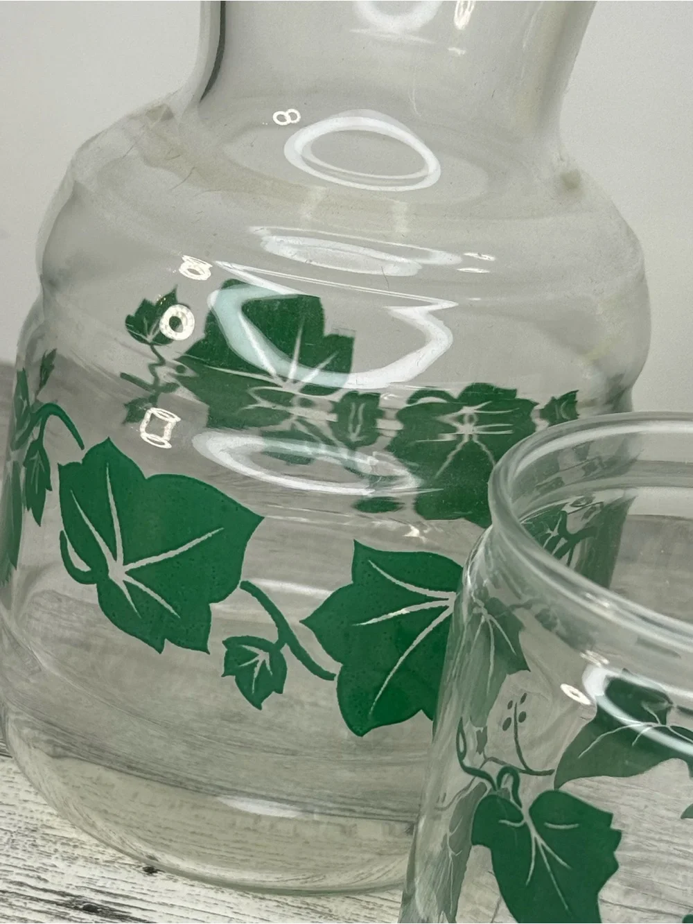 Vintage Handi Saver Decanter Pitcher & Glasses Set Yellow Lids Green Ivy Design